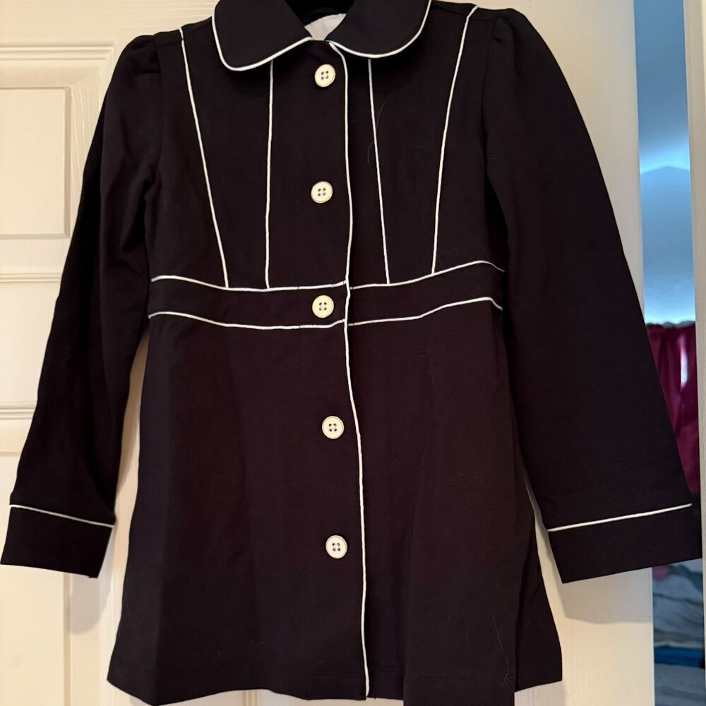 NWT Janie and Jack Kids Black with white pipping trench coat, size 5/6